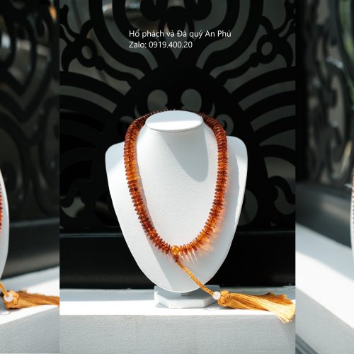 Vòng 108 hạt hổ phách Cognac vàng Nga bánh xe 14 ly